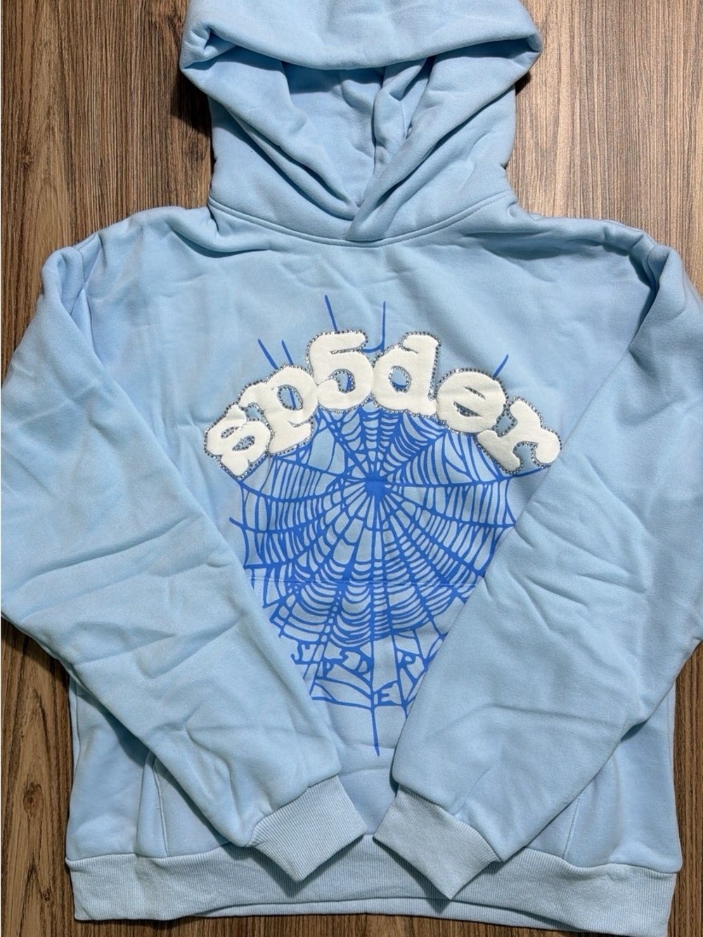 Light Blue Crewneck Hoodie with Blue Spiderweb Graphic - Unbranded